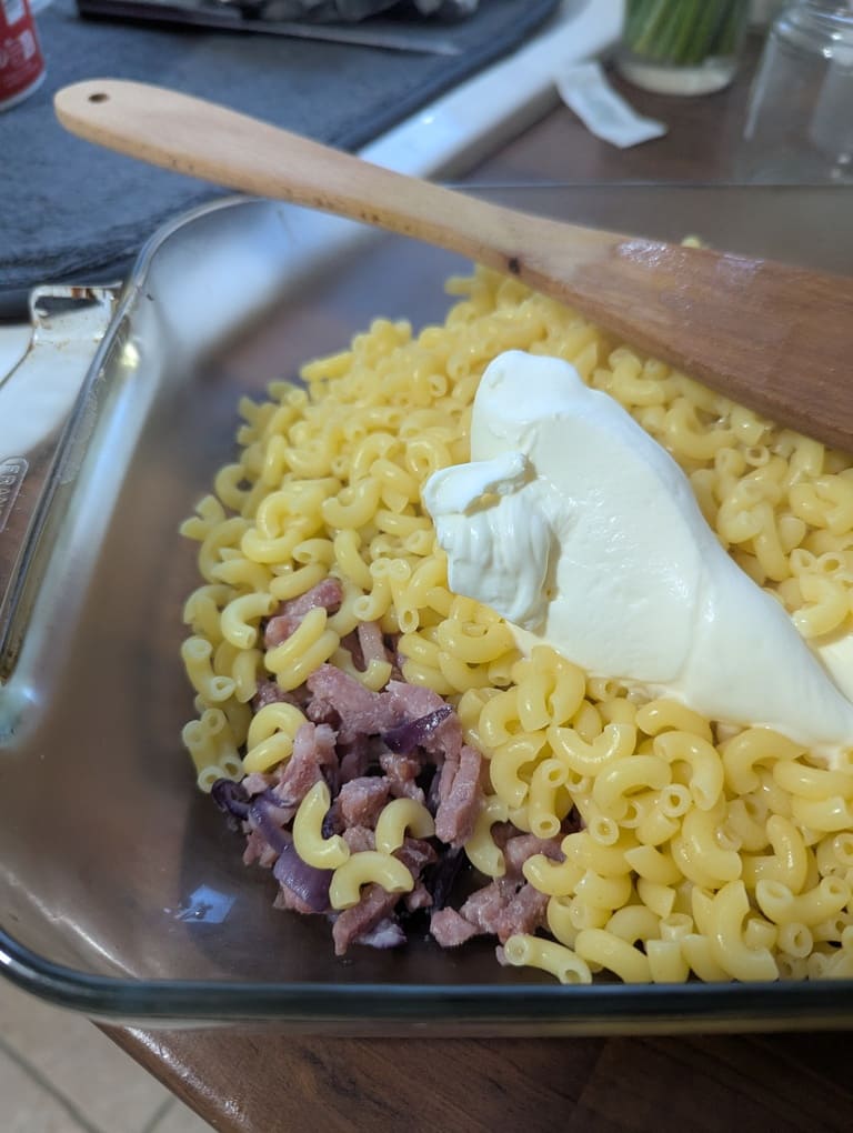 mettre les oginons, les lardons, les pâtes et la crème dans le plat à gratin