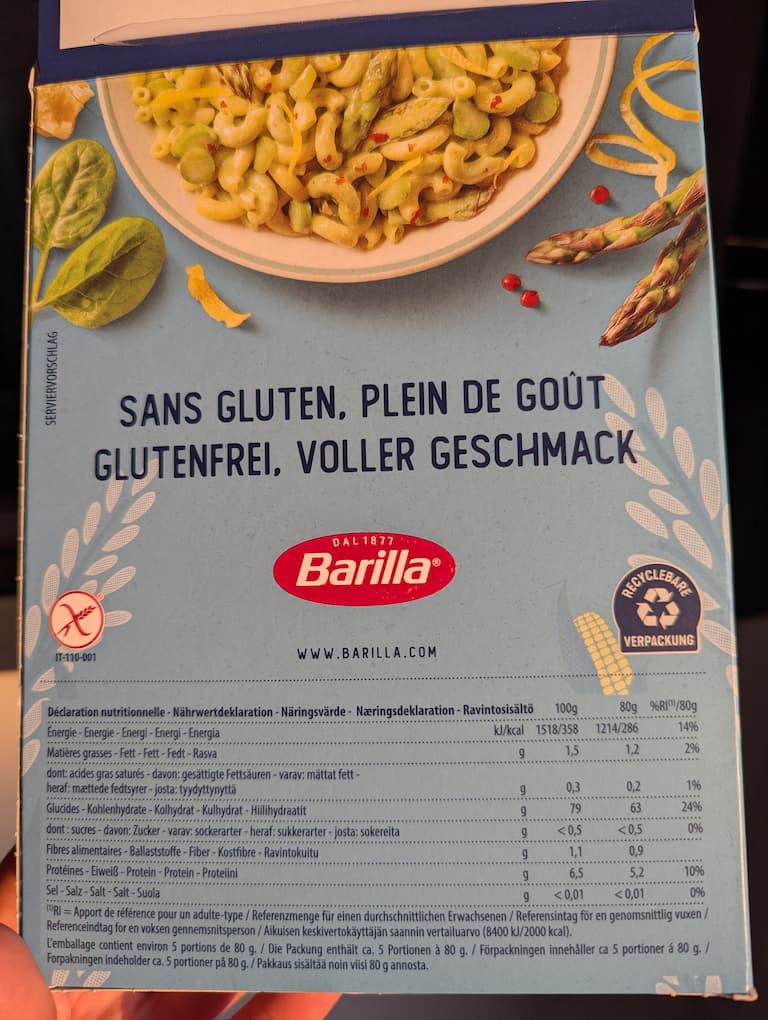 tableau nutritionnel de coquillettes sans gluten barilla