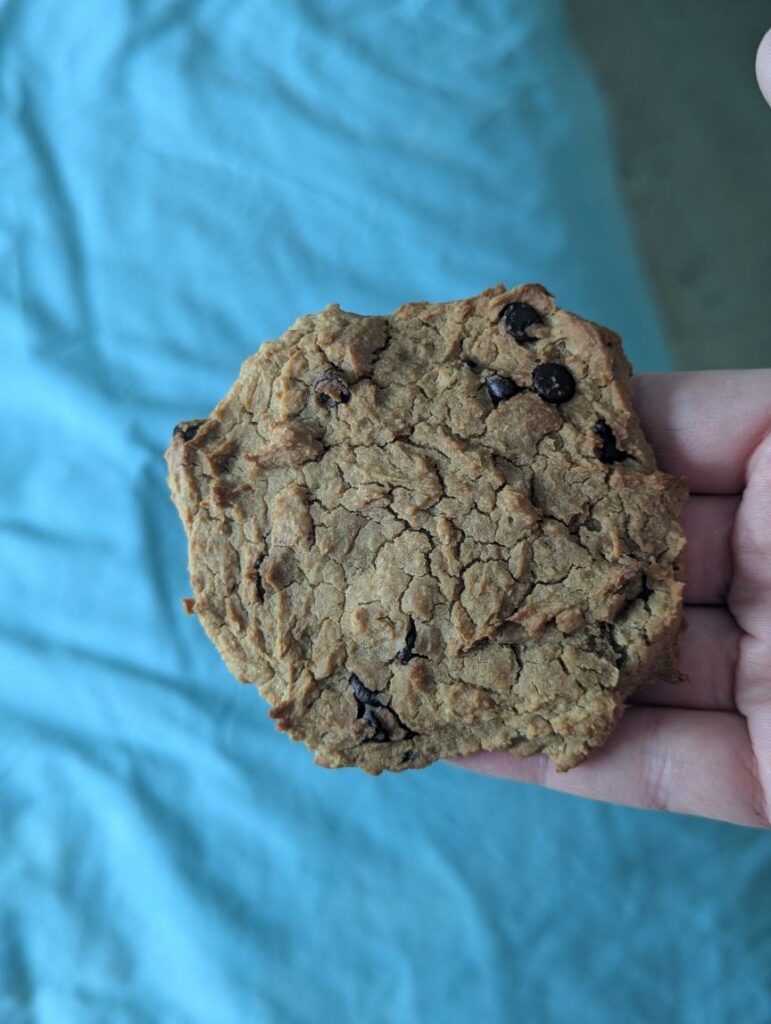 Cookie aux pois chiches et pépites de chocolat cuit, tenu dans la main
