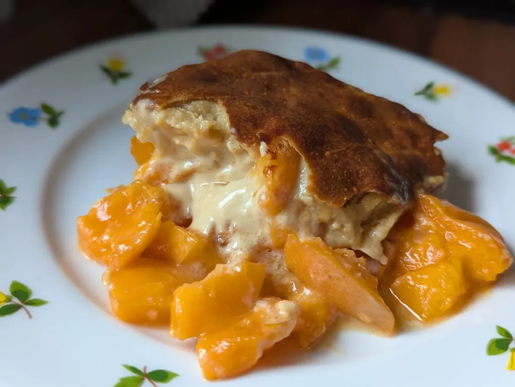 Part de clafoutis aux abricots et mascarpone servie dans une assiette