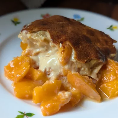 Part de clafoutis aux abricots et mascarpone servie dans une assiette
